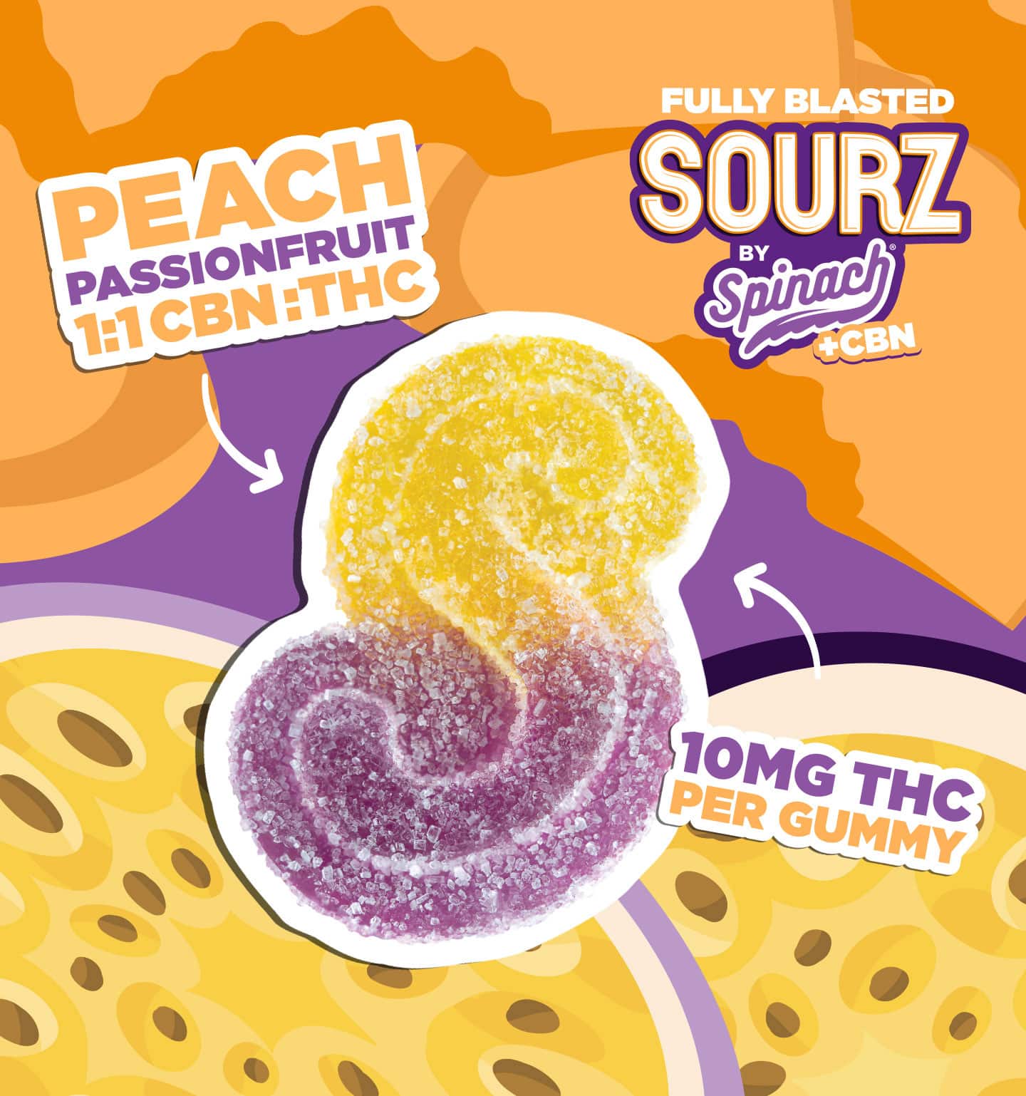 Sourz by Spinach – PEACH PASSIONFRUIT GUMMIES 10X5G INDICA